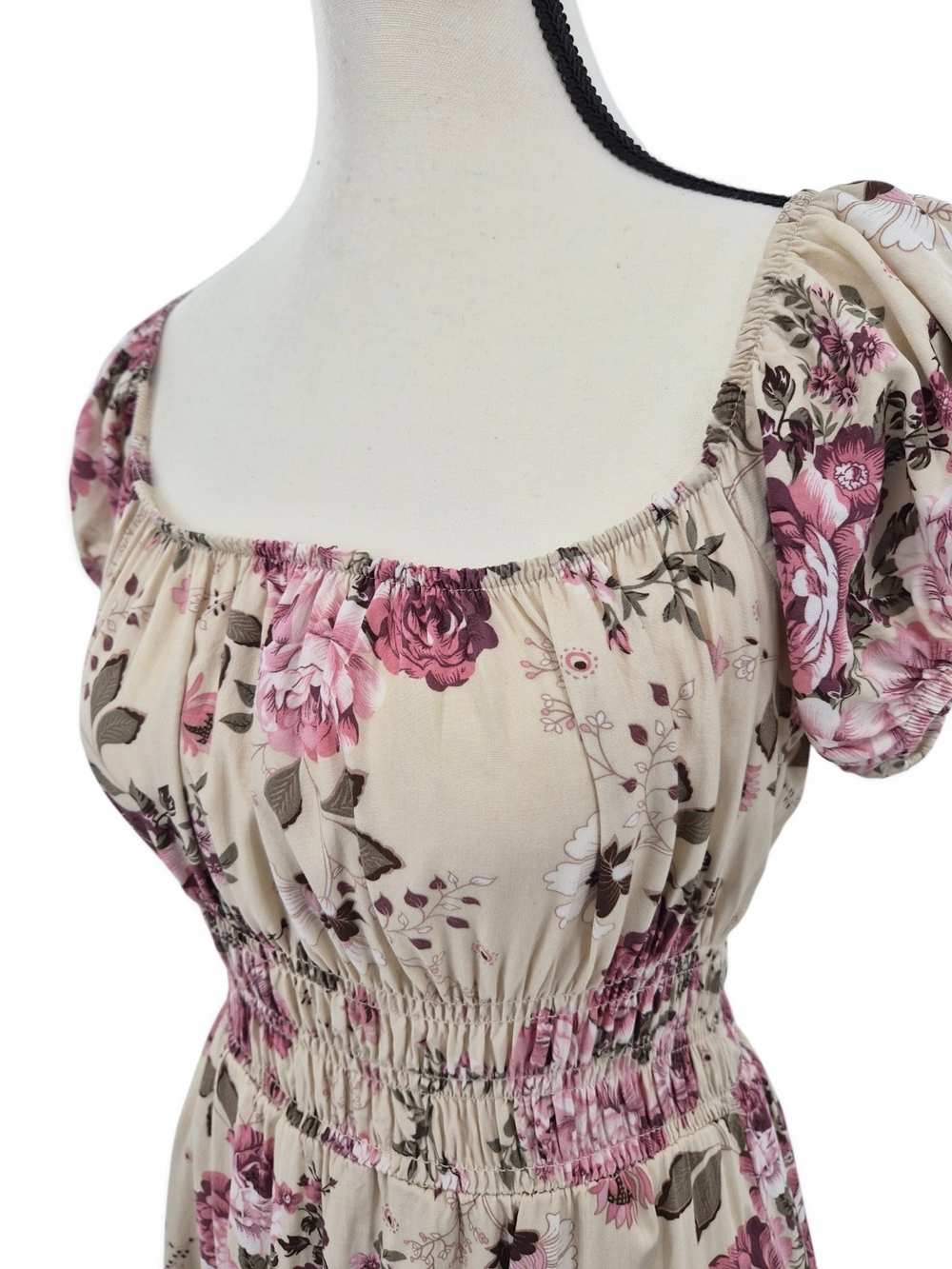 Cream Floral Mini Dress S Puff Sleeve Smocked Waist Coquette Cottagecore Prairie - Picture 3 of 14